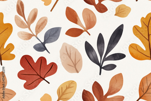 Autumn leaves pattern with watercolor brushstrokes in warm tones scattered on a white background, conveying natural texture for seasonal design and nature inspired projects for advertising, printing,