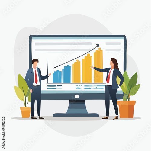 Illustration of a man and woman in business attire analyzing a graph on a large computer monitor with plants on either side, conveying a professional and collaborative mood.