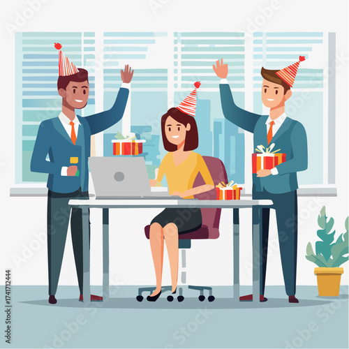 Three office workers wearing party hats celebrating with gifts and a laptop at a desk in a modern office with a city view.