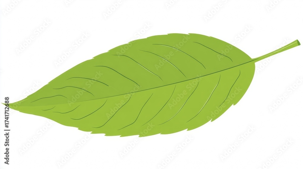 Obraz premium Illustration of a single green leaf with visible veins and a stem, isolated on a white background.
