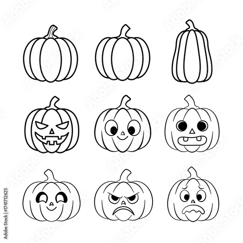 A collection of nine uniquely designed pumpkin drawings with different facial expressions