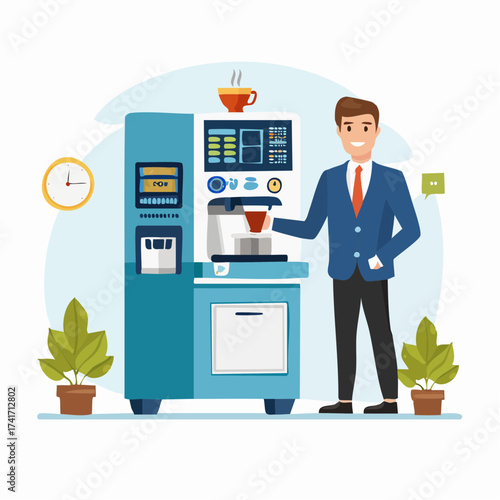 Illustration of a businessman standing beside a coffee vending machine with a cup of coffee above it and plants on either side against a white background.