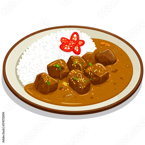 Golden chicken and beef cutlet curry rice with sparkling red chili symbolizing warmth, harmony, and happiness
