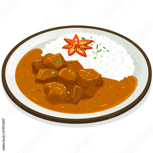 Golden chicken and beef cutlet curry rice with sparkling red chili symbolizing warmth, harmony, and happiness
