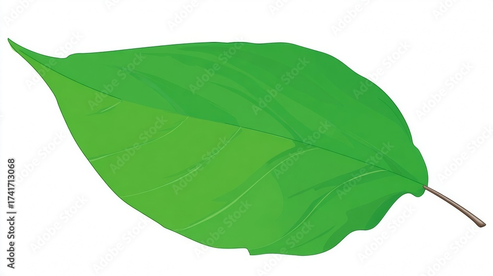 Obraz premium A vibrant green leaf with a prominent central vein and a delicate stem, isolated on a white background.