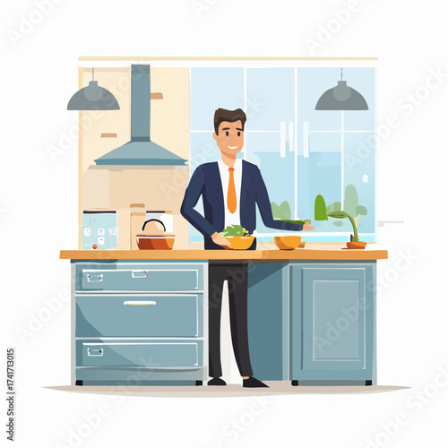 A man in business attire stands in a modern kitchen preparing a salad with various kitchen utensils and appliances around him.