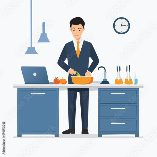 A cartoon businessman prepares a salad at a kitchen island with a laptop and kitchen utensils nearby in a modern office setting.