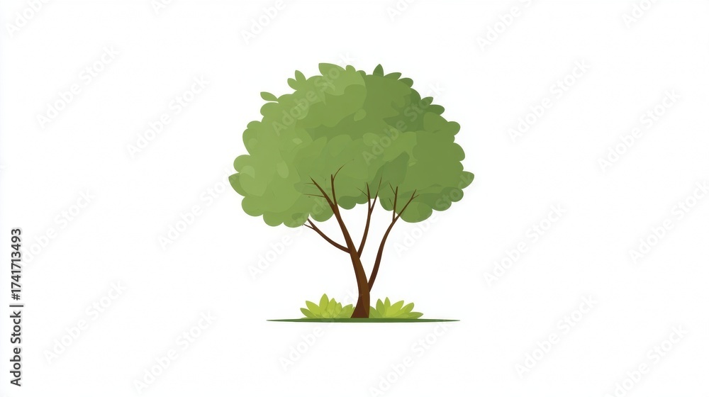 Obraz premium A stylized illustration of a green leafy tree with a brown trunk and a small patch of grass at its base, set against a white background.
