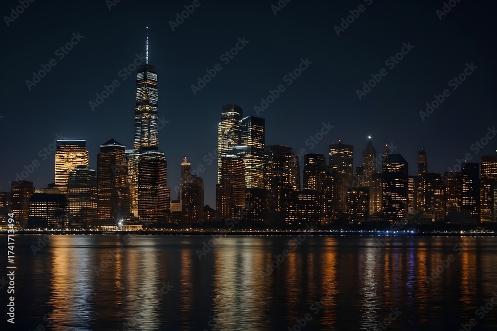 Obraz premium Ai Generated :Stylized City Skyline at Dusk with Reflections and Crescent Moon