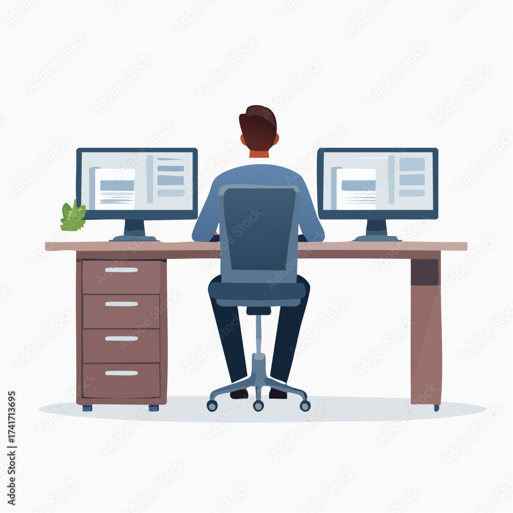 Fototapeta premium Illustration of a man sitting at a desk with two computer monitors in a workspace with a simple white background.