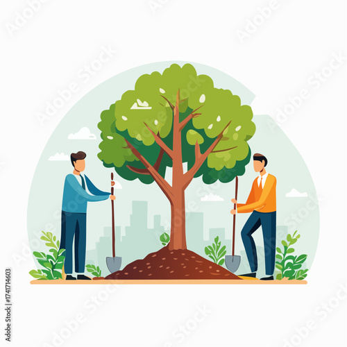 Planting New Roots: Two individuals, symbolizing hope and renewal, collaboratively plant a sapling, nurturing the promise of growth and a greener future. 
