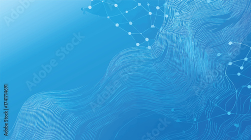 Abstract blue background with flowing lines and connected dots, representing technology and data visualization