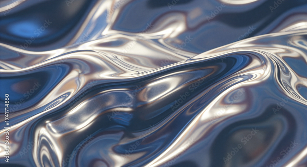 Fototapeta premium Hyper-realistic 3D render of flowing metallic silver and blue liquid texture. Modern abstract background with smooth, reflective chrome waves and dynamic ripples.