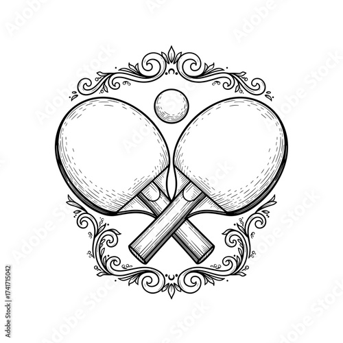 Ping pong paddles and ball in ornate design