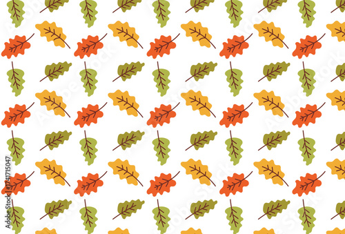 Seamless autumn pattern with colorful oak leaves in orange, yellow, and green on a white background. Perfect for seasonal wrapping paper, textiles, or digital designs.
