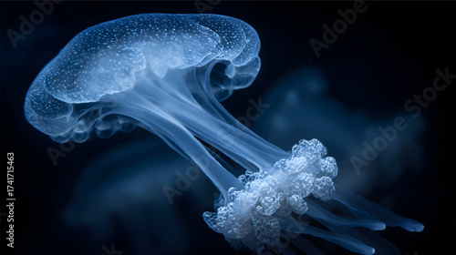 A translucent jellyfish floating gracefully in dark water, showcasing its delicate tentacles and bioluminescent features