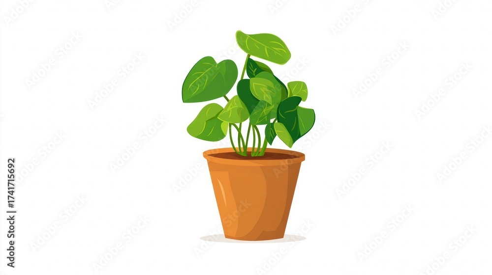Obraz premium A vibrant green potted plant with large, rounded leaves sits in a terracotta pot against a white background.