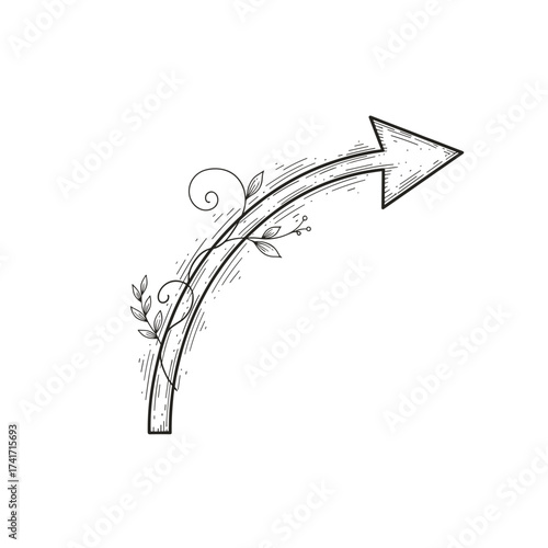 Arrow with floral design curving upward on white background