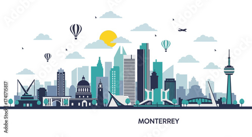 Monterrey's Modern Skyline A Colorful Architectural Illustration with Hot Air Balloons