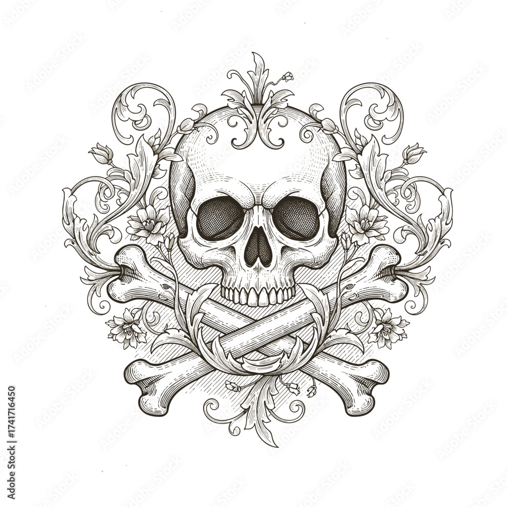 Fototapeta premium Skull and crossbones illustration with floral design