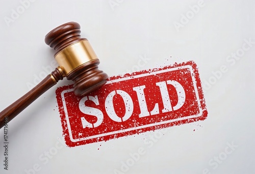 A wooden gavel rests beside a bold red 'Sold' stamp on a white background, symbolizing a legal decision or auction outcome.