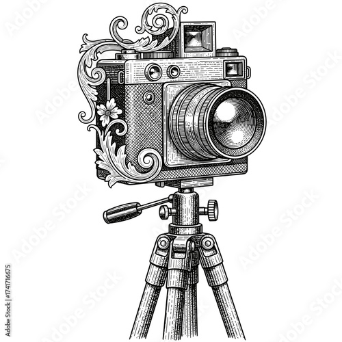 Vintage camera illustration on tripod with floral design