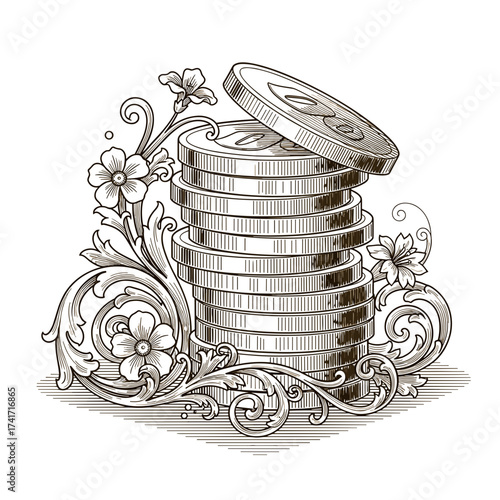Coins with floral ornamentation in vintage style