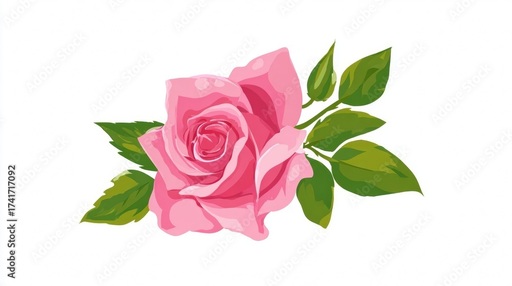 Fototapeta premium Beautiful pink rose with green leaf isolated on a white background symbolizing love and nature's beauty