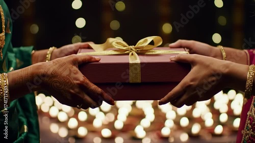 Diwali Celebration: Two South Asian adult women joyfully exchange a beautifully wrapped gift box with a gold ribbon, amidst a warm ambiance of blurred festive lights, symbolizing tradition