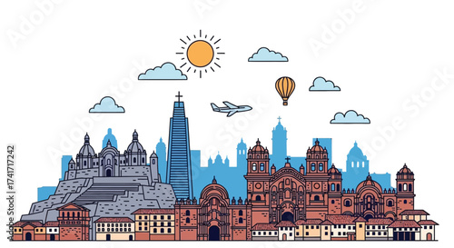 A vibrant illustration of a cityscape featuring iconic landmarks, historical buildings, and elements of travel like an airplane and hot air balloon.