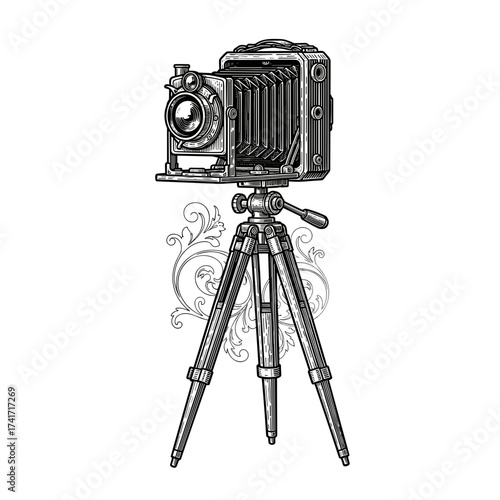 Vintage camera on tripod with decorative background