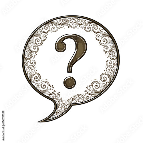 Decorative question mark in ornate speech bubble