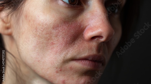 acne on woman face with rash skin, scar, and red skin syndrome allergic to cosmetics, use steroids, dermatology, inflammation, infection, hygiene