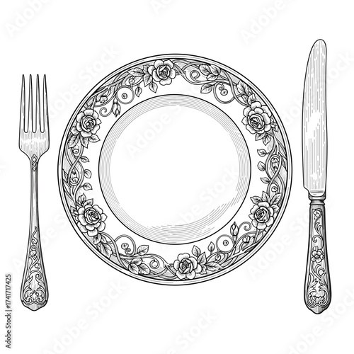 Ornate plate and cutlery on white background