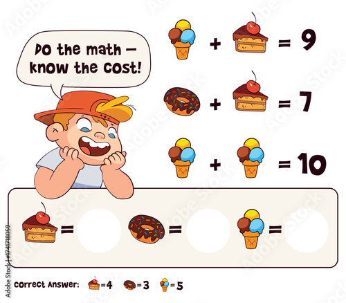 Kids math riddle. Solve dessert price equations and fill in the blanks. Add the costs of cake, donut and ice-cream. Bright printable worksheet for classroom, homeschool or tutoring.