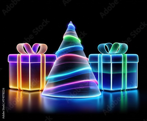 Colorful neon Christmas tree and glowing gifts create a festive holiday scene