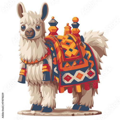 Colorful alpaca carries a patterned rug with bright designs and unique features on a clear background