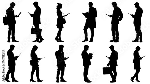 Collection of accountant silhouettes in 2D vector style showing different professional poses and activities