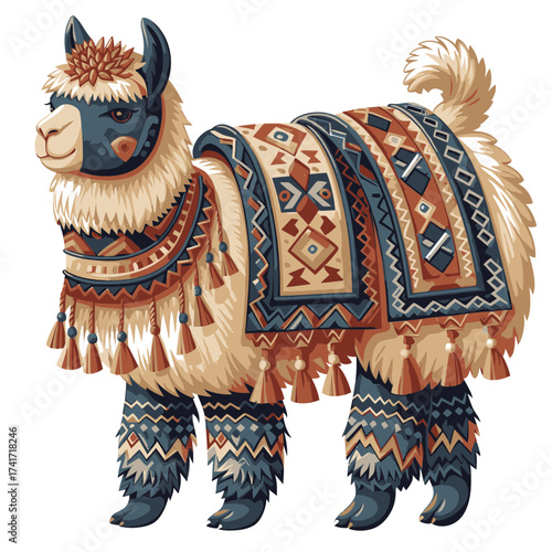Alpaca carries a colorful patterned rug with intricate designs showcasing its unique charm and beauty
