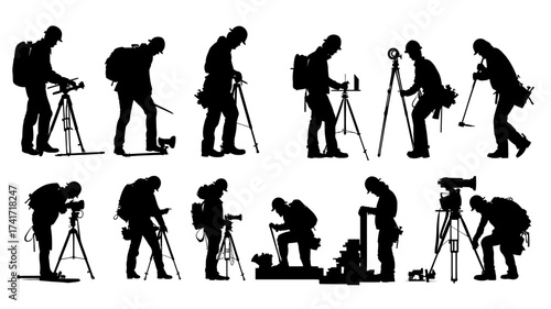 Collection of architect silhouettes featuring professionals engaged in various design activities and site preparations