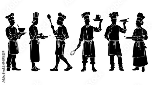 Collection of chef silhouettes holding whisks and kitchen tools representing culinary arts