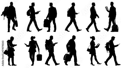 Collection of accountant silhouettes in vector style showcasing diverse business activities in urban settings