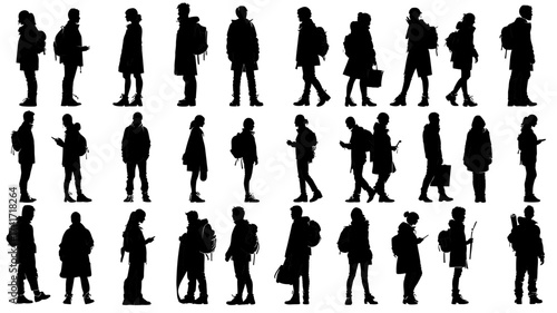 Collection of doctor silhouettes engaged in diagnosing patients in a simplified vector style