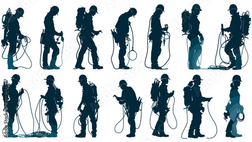 Collection of electrician silhouettes in various poses with tools and equipment for electrical work displayed clearly