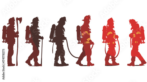 Collection of firefighter silhouettes engaged in rescue activities in a dramatic, vector style