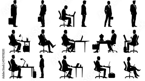Collection of executive silhouettes in various professional poses, isolated on white background