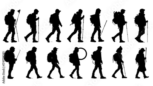 Collection of graphic designer silhouettes showcasing various hiking poses in a 2D vector style