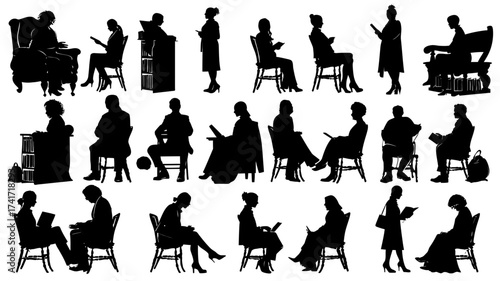 Collection of librarian silhouettes engaged in quiet activities and shushing others in a library setting
