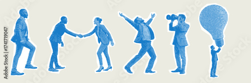 Trendy halftone business people stickers. Business workers in different poses