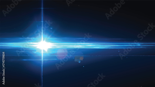 A bright blue light beam with lens flare effects on a dark background